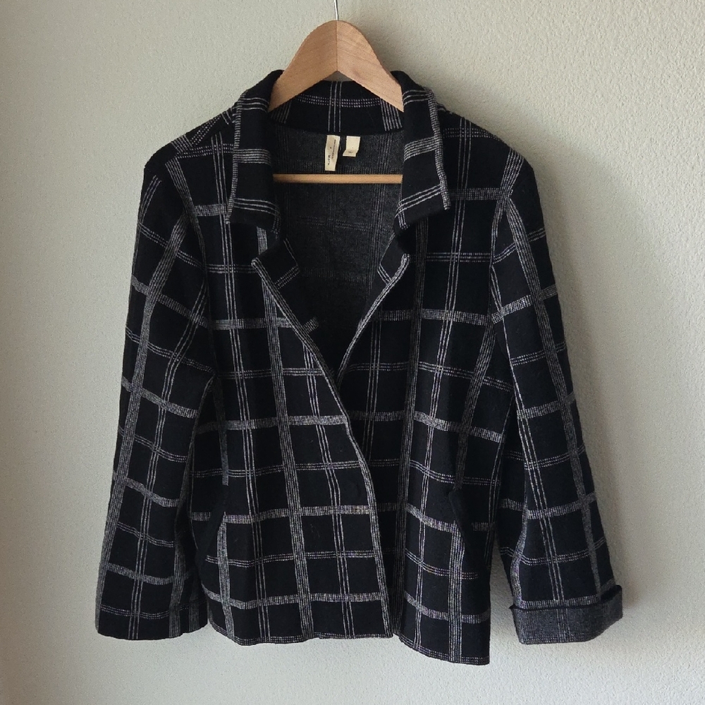 Moth by Anthropologie Knit Sweater Blazer Windowpane Checkered Black Gray Sz L